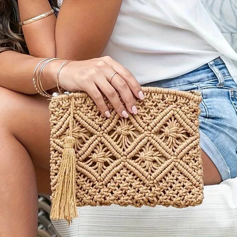 fashion rope woven bag for women casual hollow out tassel clutch purses handmade summer beach bags high-quality