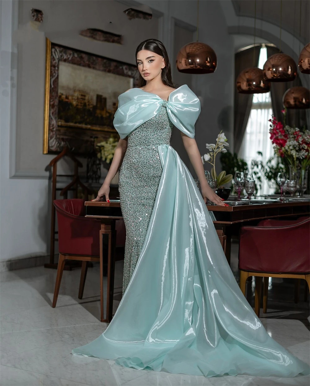 Elegant Evening Dresses For Women Off Shoulder Sleeves Gown Beaded Sequins Sweep Train Dress Party Customized Dress