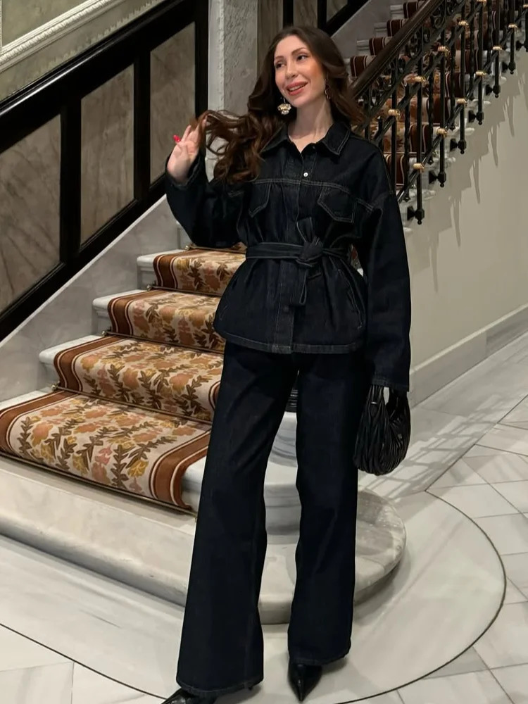 Retro Belt Denim Pants Set Women Lapel Pockets Long Sleeved Jacket Zipper Straight Leg Jeans 2025 Spring High Street Female Sets 250808