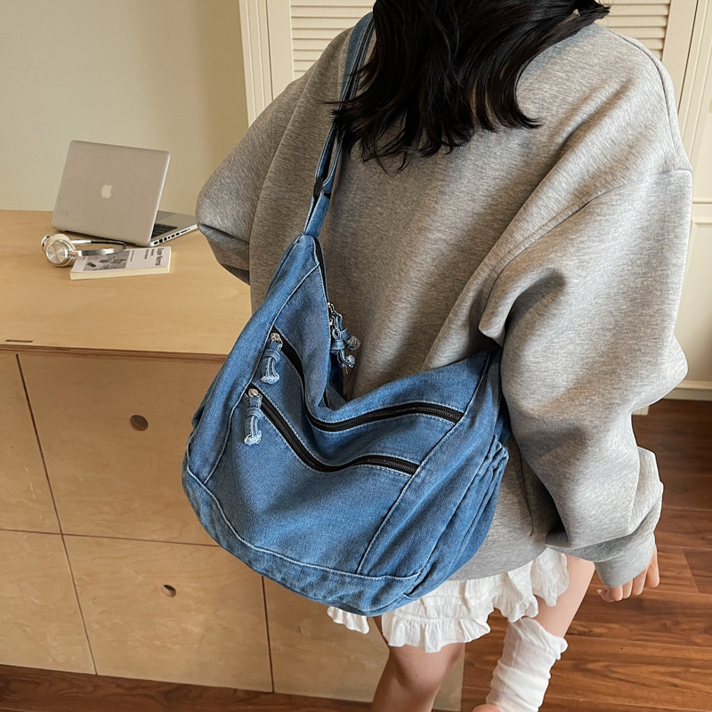 INS Denim Crossbody Women, Large Capacity Artistic Shoulder for Men, Student Class Lazy Style Dumpling Bag