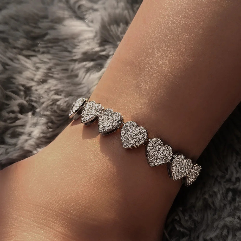 Fashion Shiny Full Rhinestone Heart Anklets Bracelet For Women Iced Out Crystal Cuban Link Chain Anklet Summer Barefoot Jewelry 250812