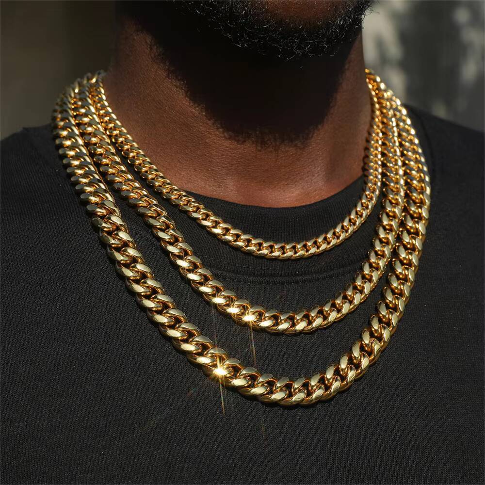 Real 18K Gold Plated Chain Jewelry Stainless Steel 12mm Solid Heavy Miami Cuban Link Curb Necklace for Men Women