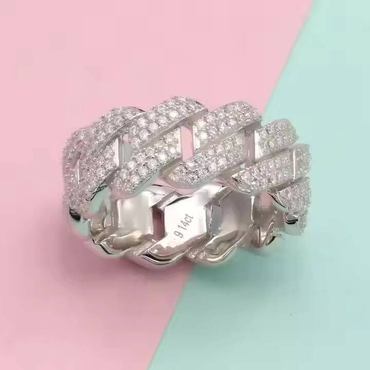 14K Solid White Gold Wedding Ring 11mm Original Moissanite Diamond Monaco Cuban Link Ring in Silver Rhodium Plated for Women