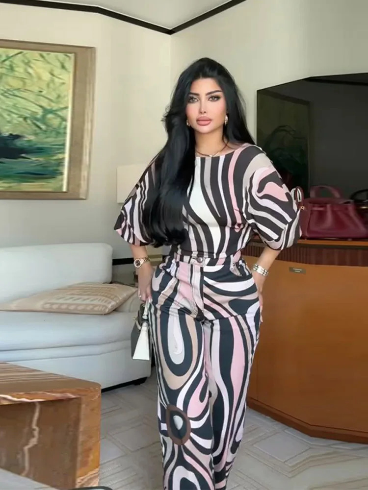 Geometric Print Top pant suits Women two pieces set round neck long sleeve Blouse loose pant Vacation Beach vacation pant outfit 250811