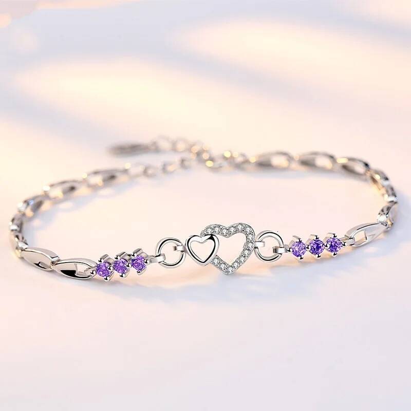 New Sterling Sier Purple Crystal Zircon Heart For Woman Charm Bracelet Jewelry Gift