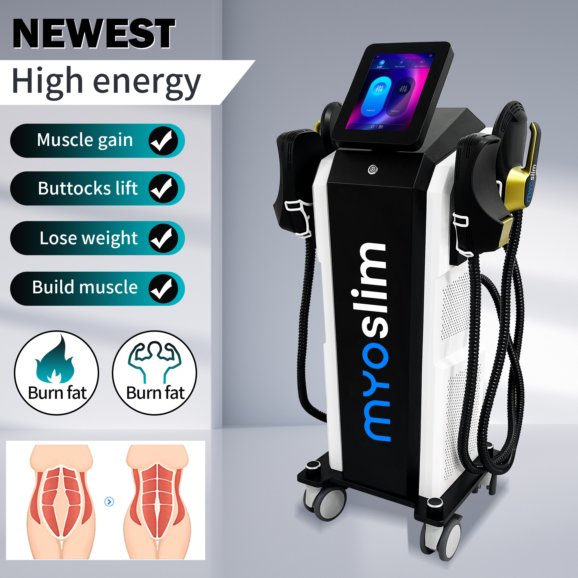 New EMS Slimming Body Sculpting RF Gain Muscle And Reduce Fat Machine 200HZ 6500W 15 Tesla 2/4/5 Handles Beauty Device Fat Burning No Exercise Require