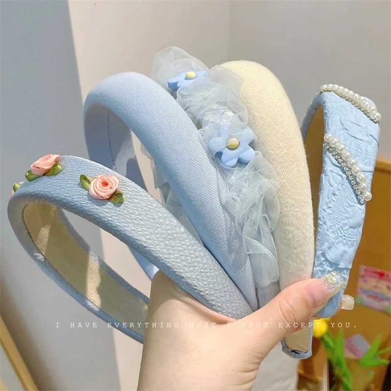 2022 New Gauze Pearl Flower Blue Face Wash Band Retro Womens Fashion Hair Hoop Band Wash Face Hair Accessories X250812