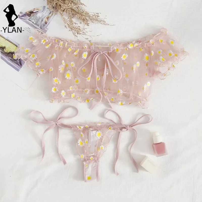 Wire Free Lingerie Set Off-Shoulder Sexy Womens Underwear Small Chest Bralette+Thong Lace Swimsuit Beachwear New Flower Bra SetXJ250812