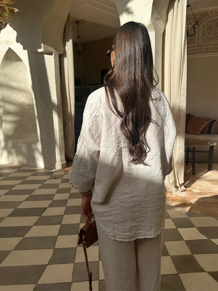 Cotton Linen Oversize Two Piece Ladies Set Casual Lapel Female Shirt Suits Wide Leg Pant Spring In Matching Women Outfits 250811