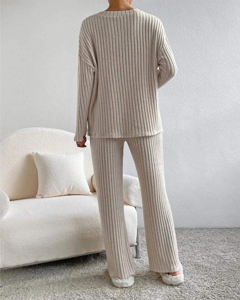 Autumn Winter Ribbed Knit Two Piece Set Womens V Neck Long Sleeve Top Wide Leg Pants Loungewear Casual Solid Color Outfit 250811