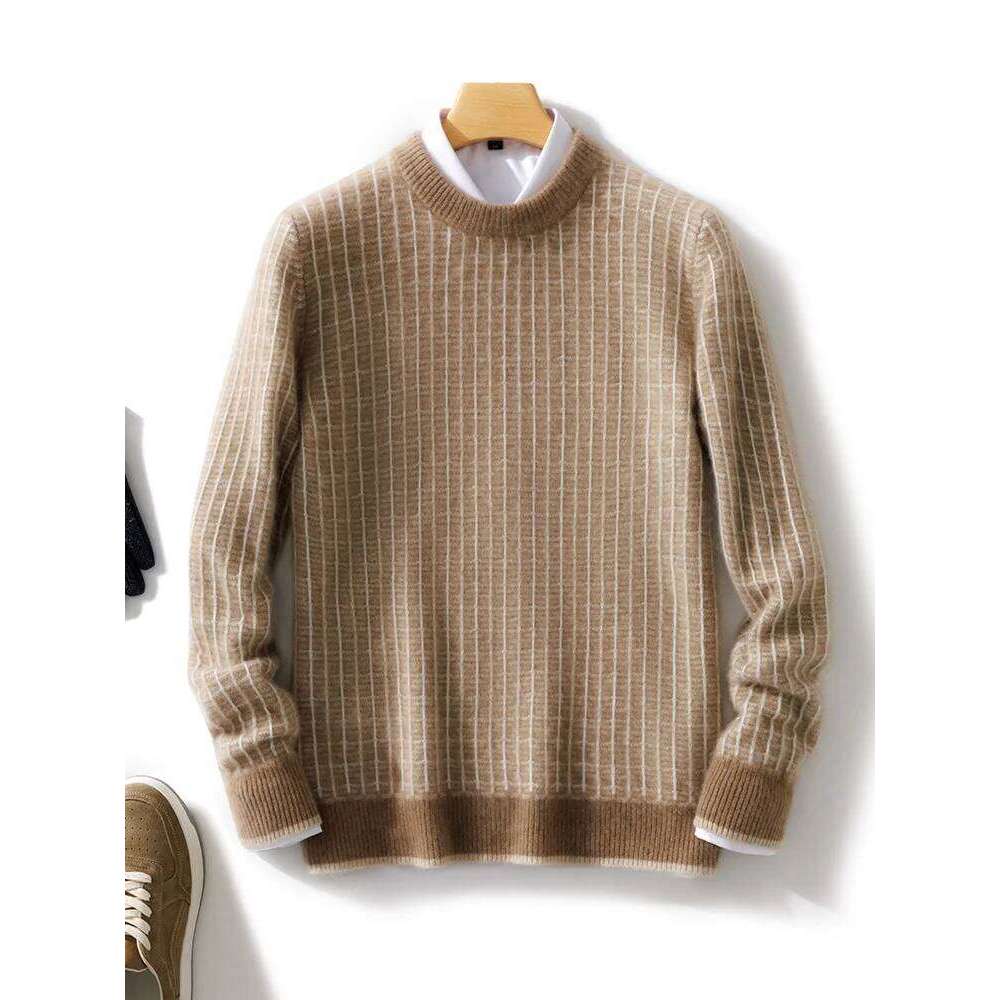 Men Pullover O-Neck Sweater Cashmere Autumn Winter Checkered Jacquard 100% Merino Wool Knitwear Long Sleeve Clothing Tops 250812