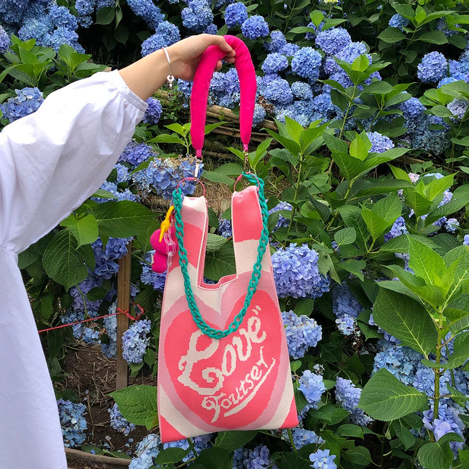 Color Striped Crochet Wrist Bag Women Handbags Cute Knitting Shoulder Crossbody Bags for Women Candy Color Shopper Tote 250809