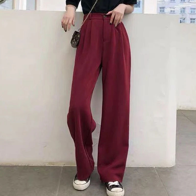 Spring Lady Fashion Concise Baggy Wide Leg Pants Women Straight Casual Suit Trousers Girls Classic Basic Solid Daily Slacks 250811