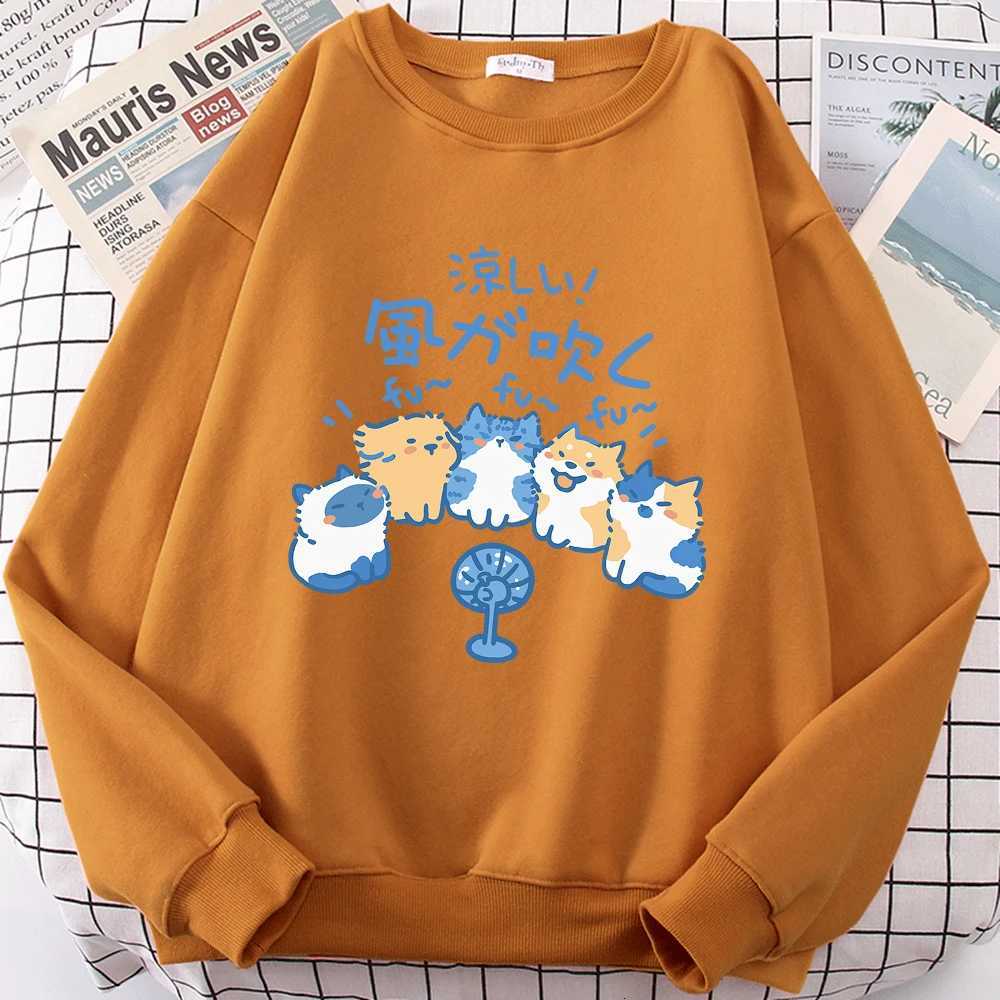 5 Cats Blowing Fans Cute Print Sweatshirt Men Women Personality Casual Hoodies Crewneck Loose Hoody Fashion Cartoons Hoody Y250811