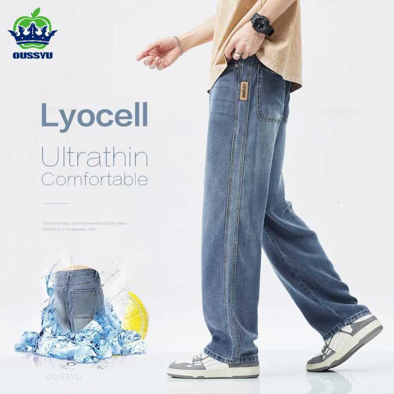 Spring Summer High Quality Soft Lyocell Fabric Jeans Men Thin Loose Wide Leg Pants Elastic Waist Casual Trousers Plus Size 28-40 X250812