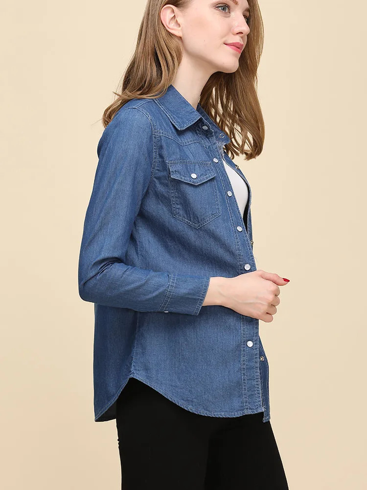 Autumn Denim Shirts And Blouse For Women Korean Style Long Sleeve Top Blue Or Sky Blue Color Jeans Elegant Blouses 250811