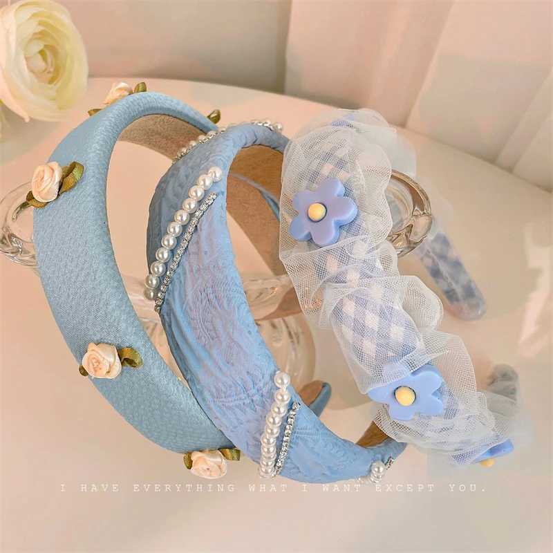 2022 New Gauze Pearl Flower Blue Face Wash Band Retro Womens Fashion Hair Hoop Band Wash Face Hair Accessories X250812