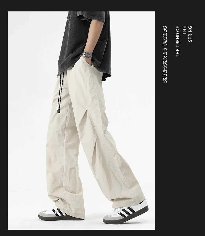 Spring Summer Cargo Pants Mens Harajuku Street Y2k Solid Color Drawstring Wide Leg Pants Outdoor Casual Fishing Sports Pants W250812