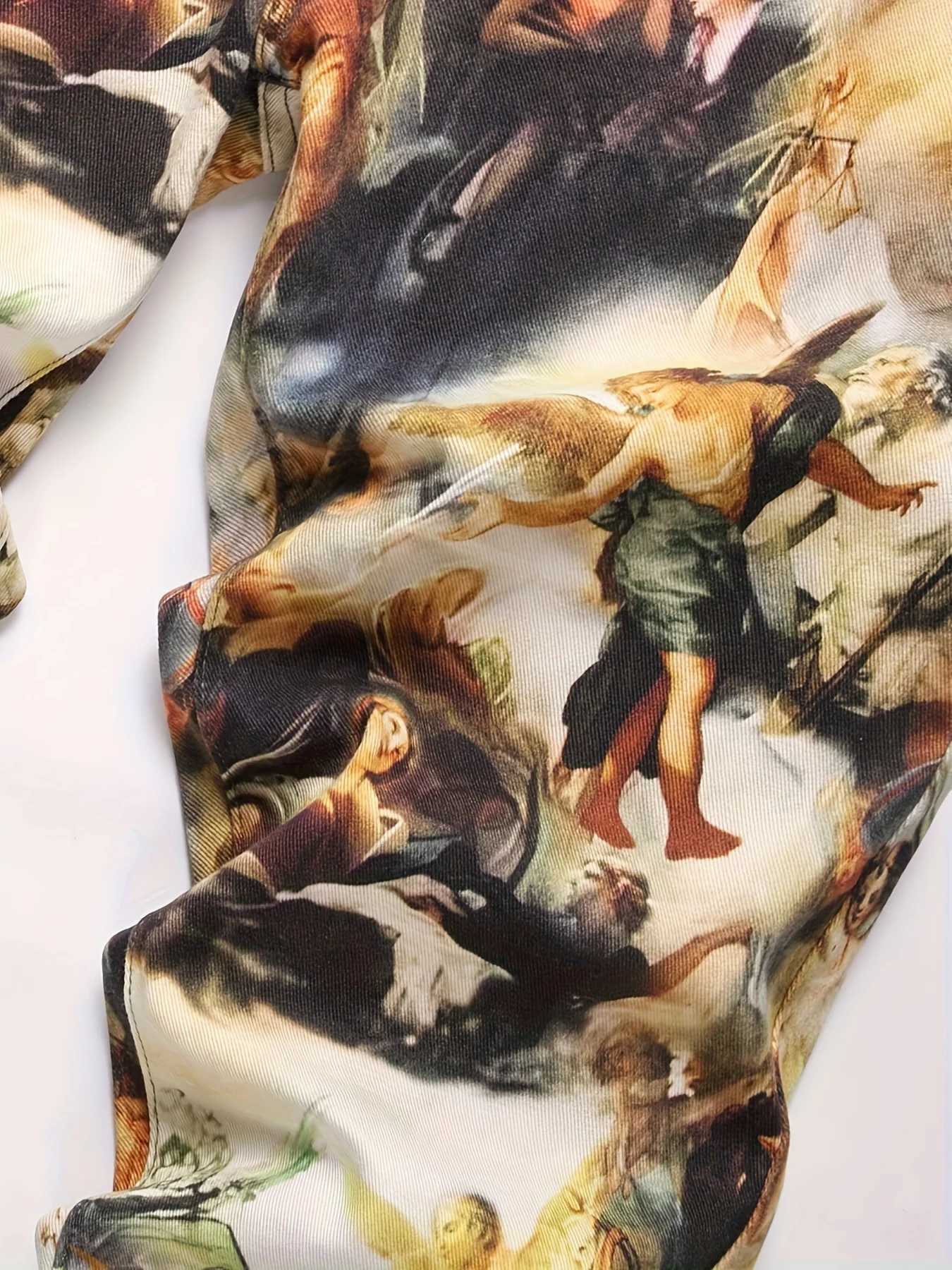 Mens Creative Oil Painting Printed Jeans European Retro Denim Straight Leg Pants X250812