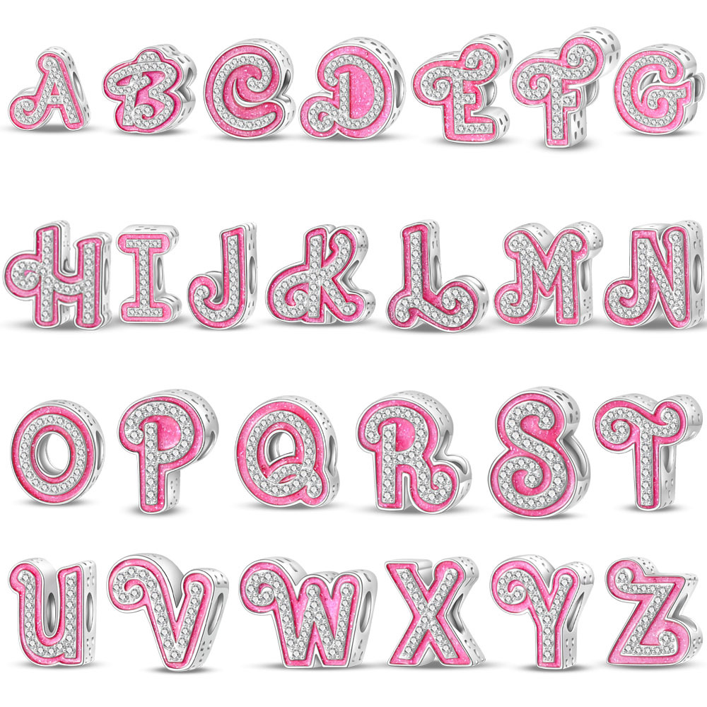 S925 Silver Pink Barbie English Letter Charm Beads DIY Jewelry Accessories Bracelet Cross-border New Hot Style