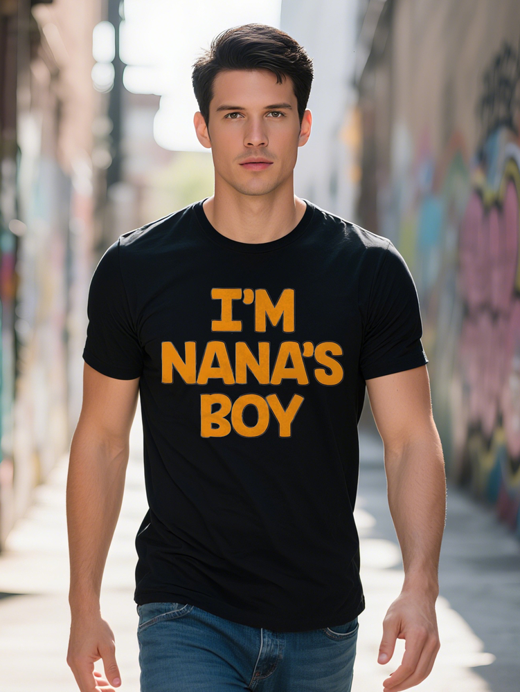 Comfort Men Casual I m Nana s Boy Graphic T Shirt Black with Orange Print Round Neck Short Sleeve Lightweight