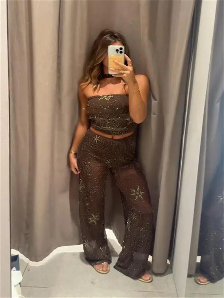 Chic Beaded Womens Top Pant Set Sexy Slim Halter Sleeveless Crop Tops See Through Elastic Waist Wide Leg Pants Summer Outfits 250811