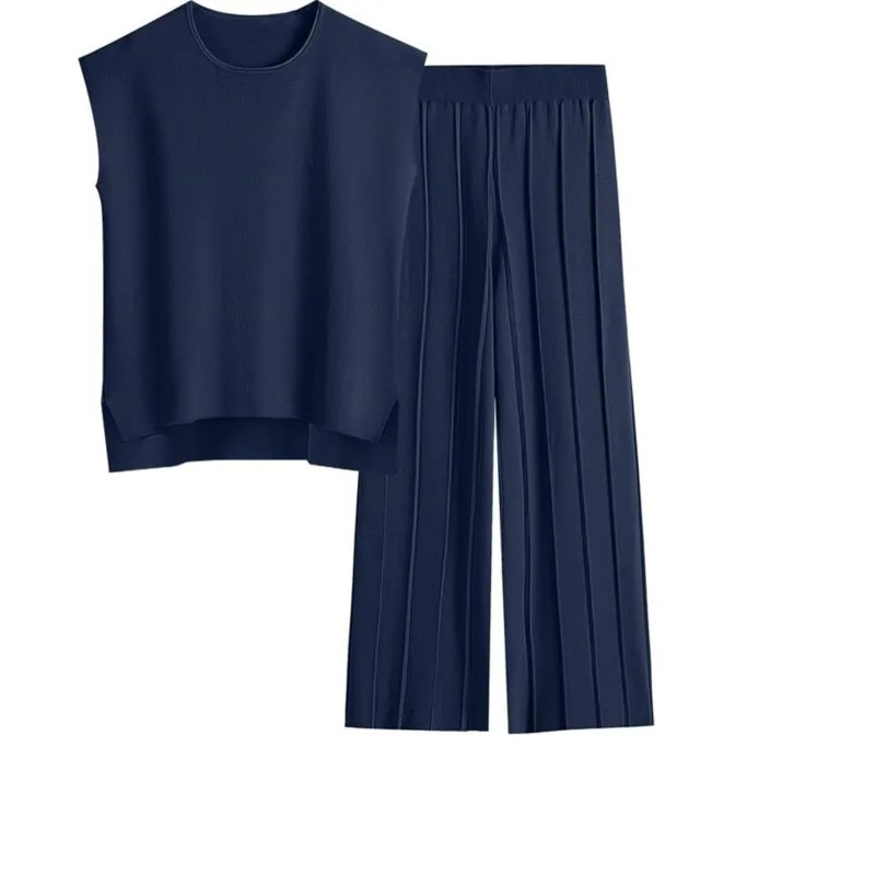 2 Piece Sets Women Outfit Sleeveless Casual T Shrit Top Knitted Vest Wide-leg Pants Ice Summer Solid Color Casual Outfit 250811