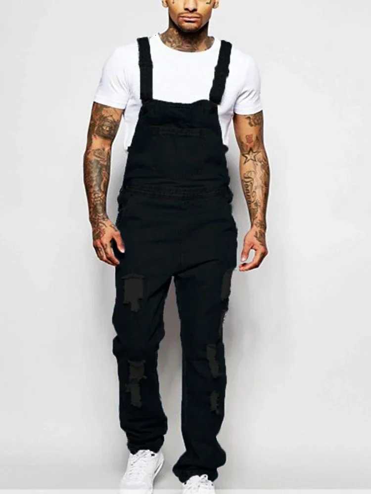 Men Jeans Overalls Ankle Length Denim One Piece Pencil Pants Mid Waist Slim Fit Pockets Safari Jumpsuits Solid Washing Cargo X250812