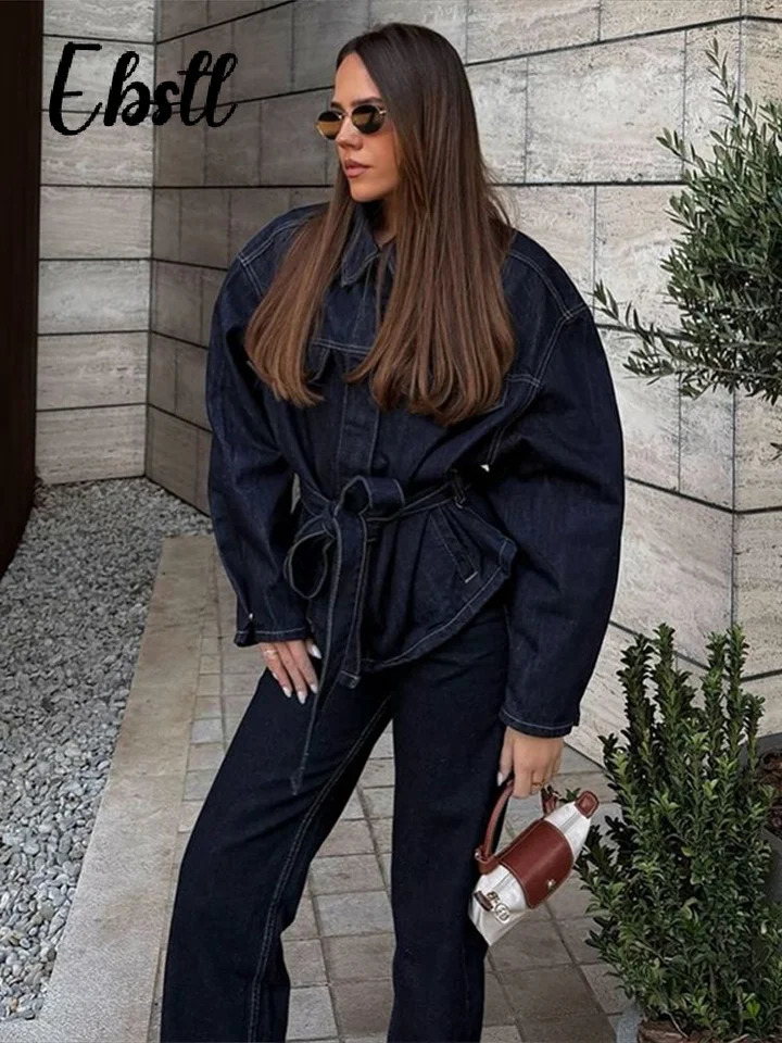 Vintage Belt Denim Jacket Jeans Set Women Solid Lapel Lace Up Buttons Coats High Waist Straight Pants Lady Chic Outfits 250806