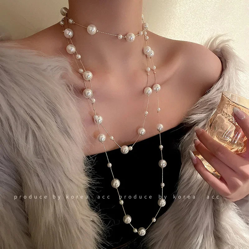 Long Pearl Necklace Multi-layer Sweater Chain Trendy Temperament Niche Clavicle Chain Delicate Gentle Women Jewelry 250807