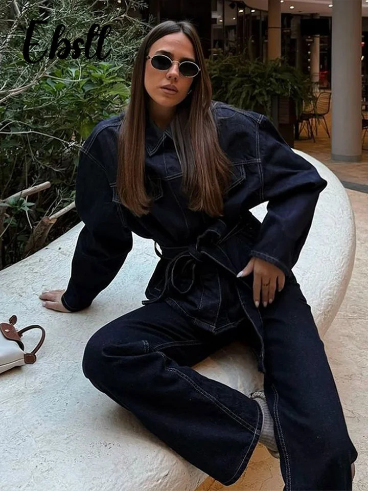 Vintage Belt Denim Jacket Jeans Set Women Solid Lapel Lace Up Buttons Coats High Waist Straight Pants Lady Chic Outfits 250806