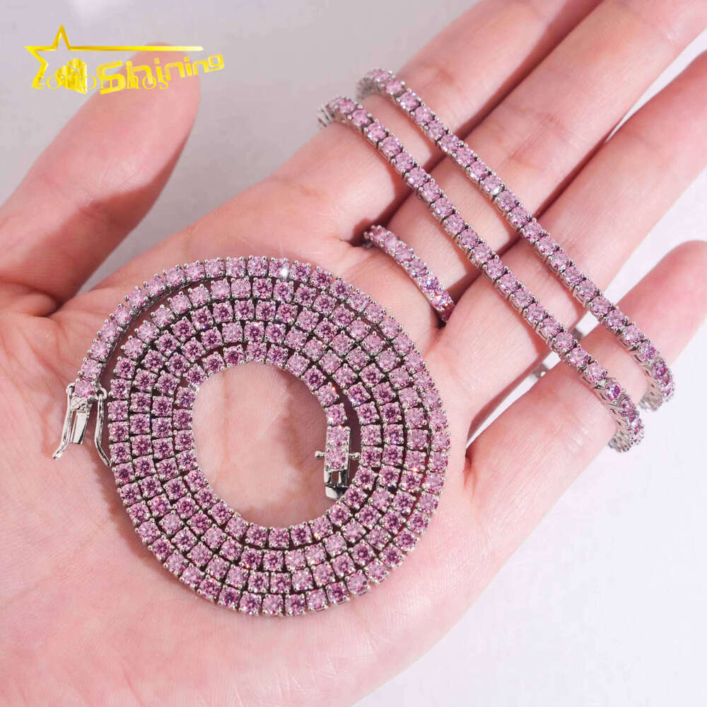 New Hip-Hop Fashion Jewelry Pink Moissanite Sterling Sier Iced Tennis Chain Bracelet