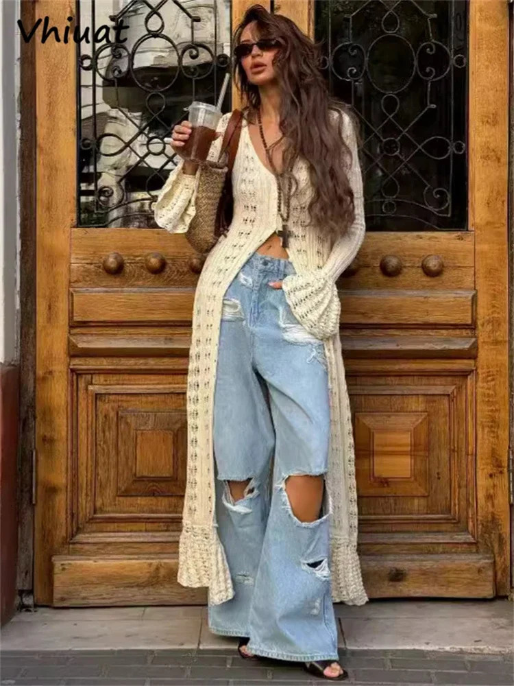 Vhiuat Knitted Long Sleeve Casual Beach Party Long Flare Dresses For Women Chic Slim Hollow Out Beach Holiday Dress Autumn 250805