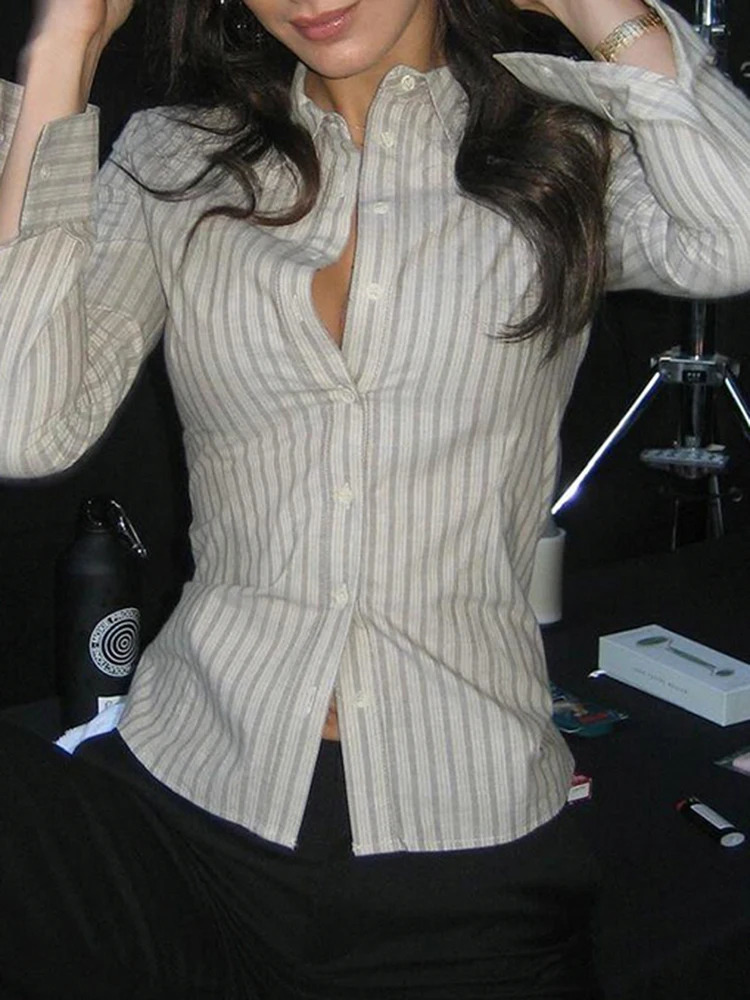 IAMSURE Office Ladies Slim Striped Blouse Casual Turn-Down Collar Long Sleeve Shirts Women Autumn Spring Streetwear Ladies 250811