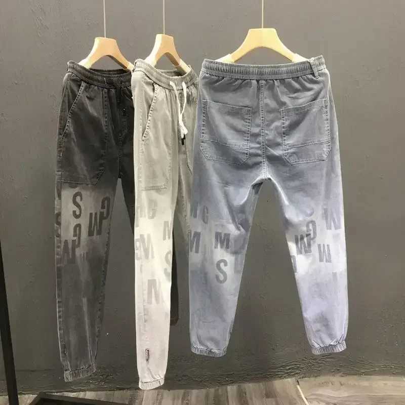 70s Plus Size with Print Male Cowboy Pants Cropped Jeans for Men Light Blue Summer Korean Fashion Kpop Denim Cotton Washed X250812
