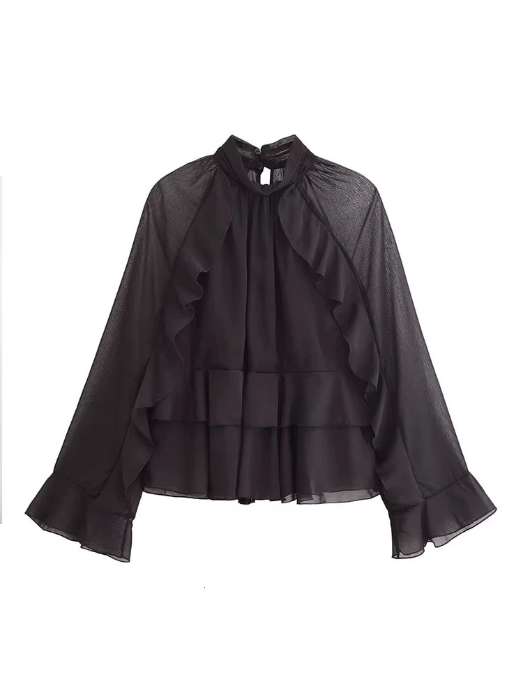Fashion Temperament Women Ruffle Edge Blouse Chic Stand Up Collar Long Sleeved Shirt Top 2025 Spring Elegant Lady Short Tops 250811