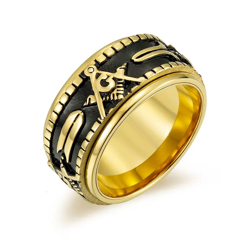 Wholesale 18K Gold Plated Ring Masonic Rotatable Rings High Polished Stainless Steel Men Mounting Jewelry Events Gifts 250812
