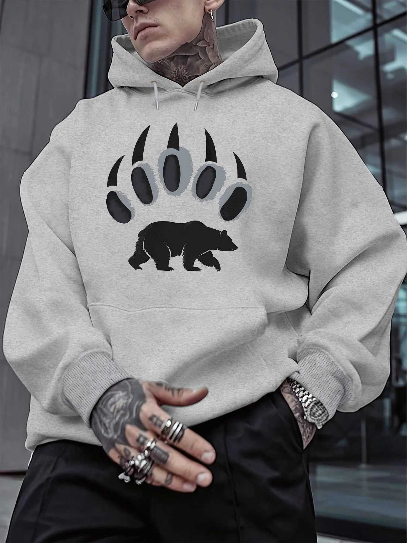 Mens Casual Hooded Sweatshirt with Bear Claw Print | Long Sleeve Regular Fit | Versatile Loose Hoodie for All Seasons Y250811