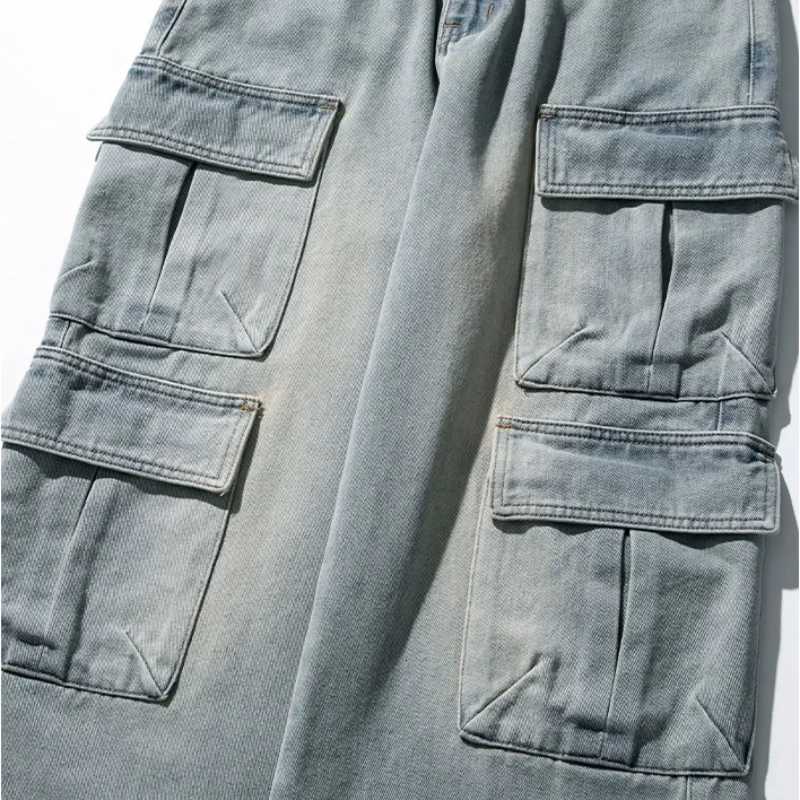 2025 New Workwear Multi Pocket Design Jeans Mens Old Wash Vintage Japanese Casual Pants China-Chic Loose Wide Leg Pants X250812