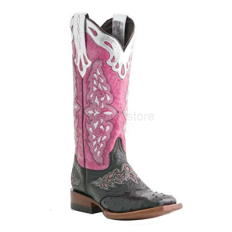 Leather Embroidered Western Cowboy Retro Cowgirl Boots Low Heels Knee High Boots Female Footwear M250812