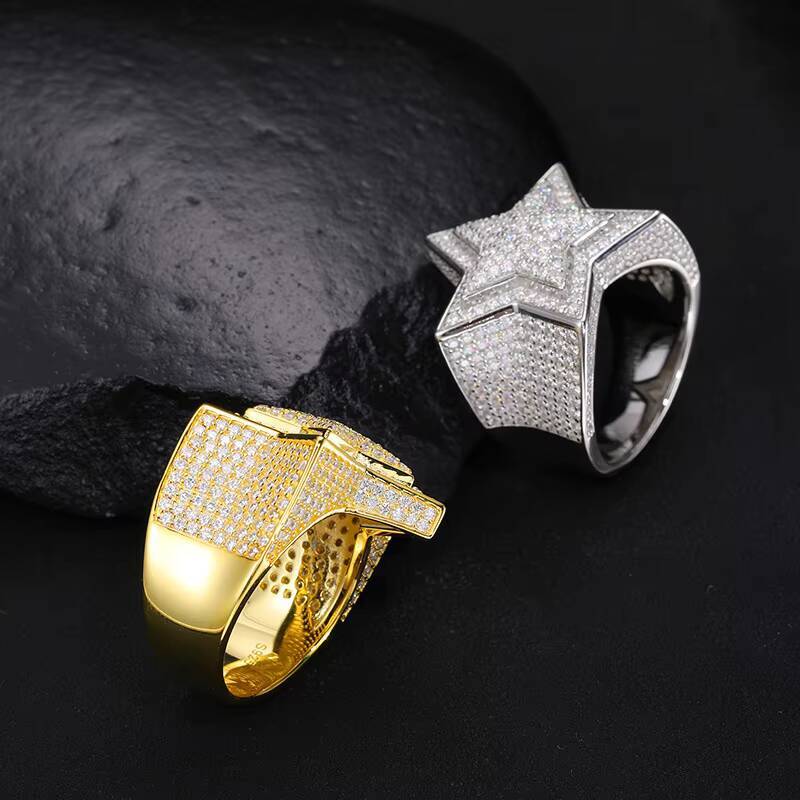 Hiphop Style Mens Womens 925 Sterling Silver VVS Moissanite Diamond Star Ring Iced Out Gold Plated Fine Jewelry