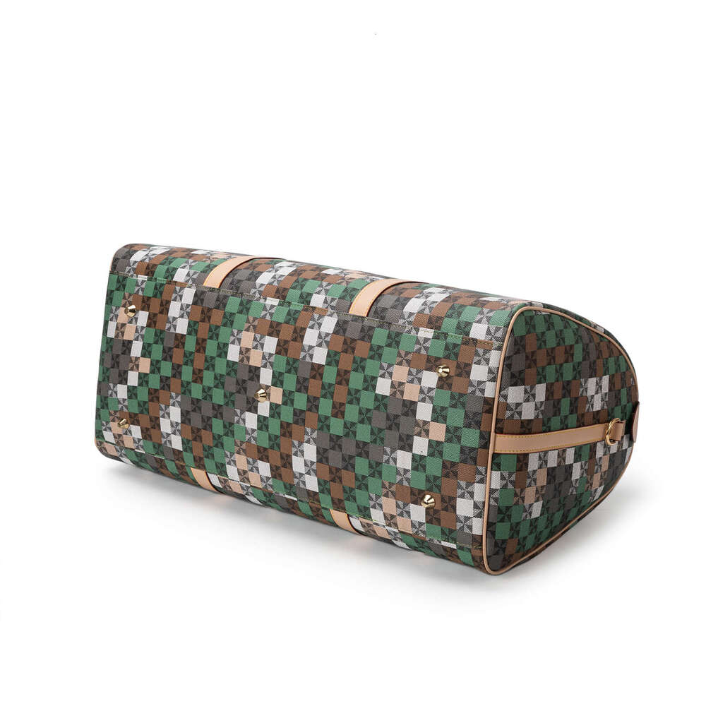 Lacel Urwebin Vintage Checkered Plaid Duffle Bag for Women, Green Brown PU Leather, Large Capacity Weekend Travel Bag with Adjustable Shoulder Strap