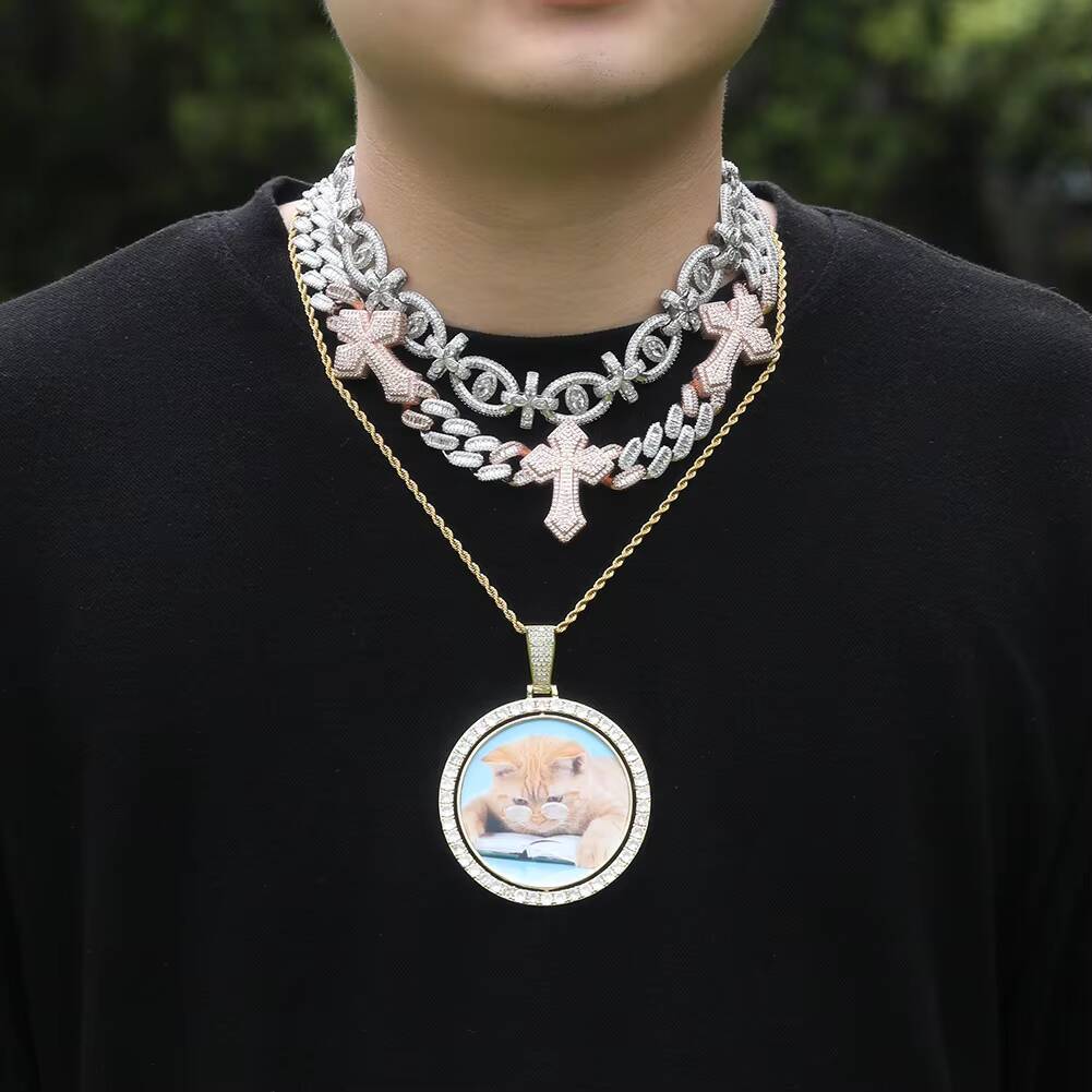 Custom Big Size Double Side Round Disc Photo Picture Frame Rotatable Memory Pendant Necklace for Women Men Anniversary Gift