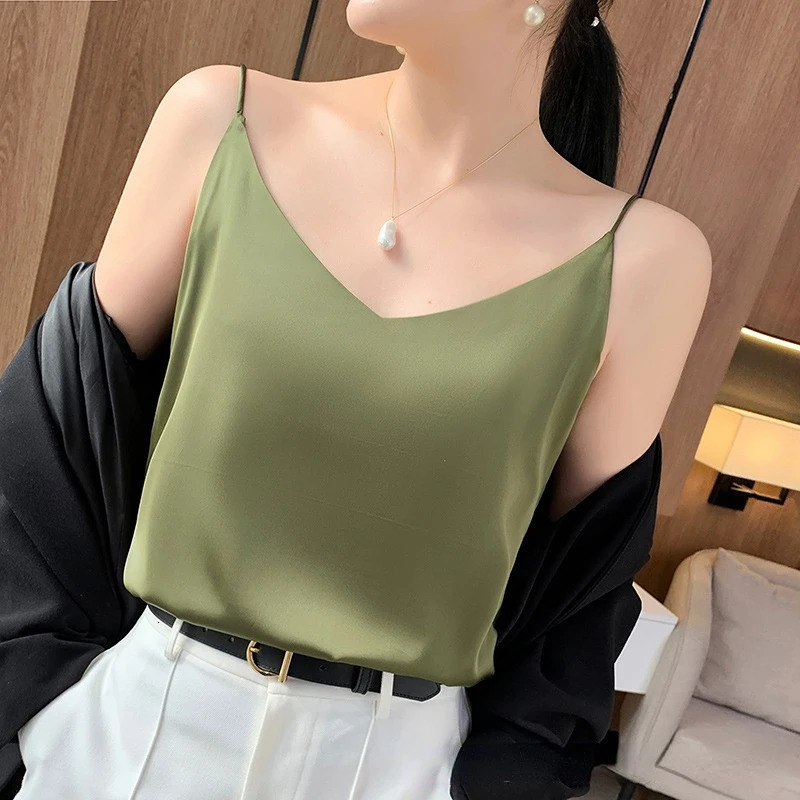 Fashion Silky Camisole Womens Inner With White Bottoming Satin Top Summer Vneck Thin Section 250804