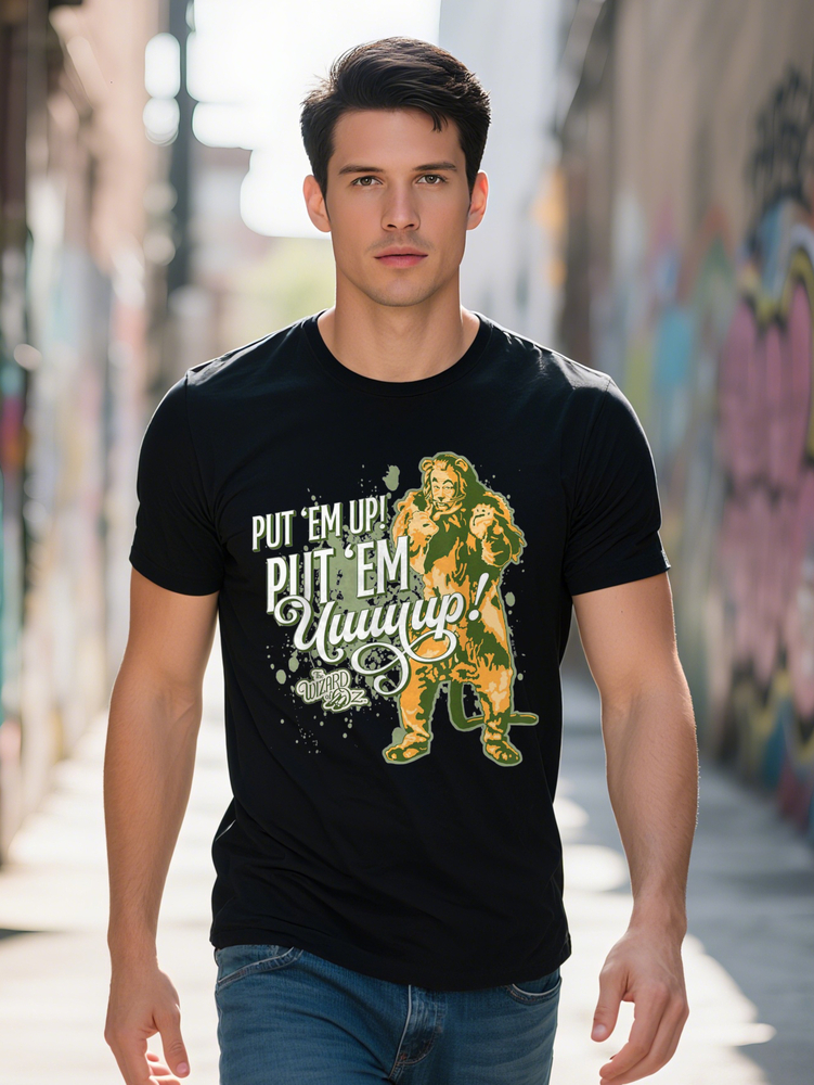 Men s Plus Size Put Em Up Graphic The Wizard of Oz Cowardly Lion Design Black Casual Cotton Tee with Bold Print