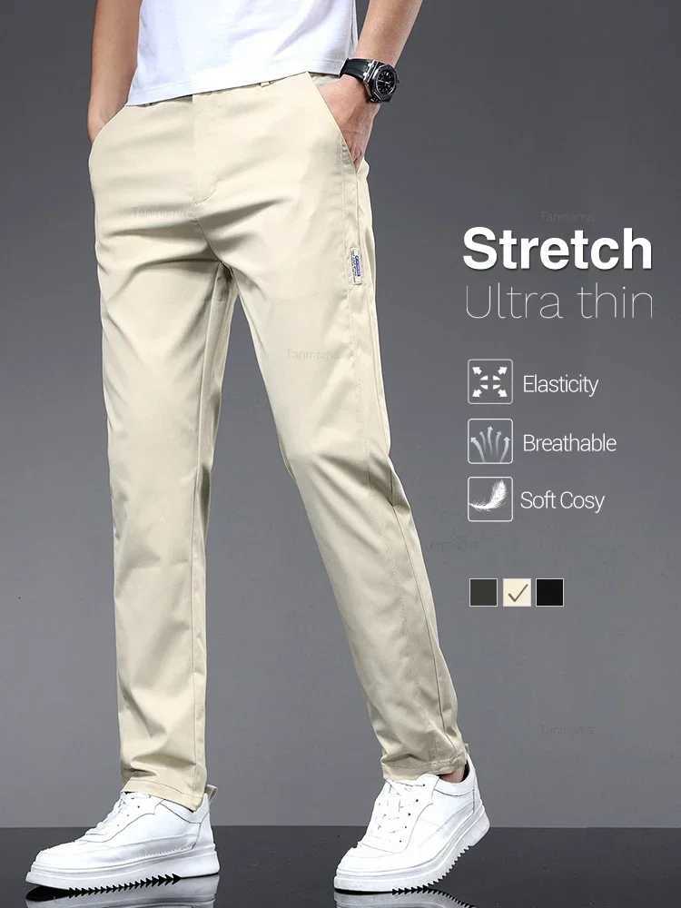 2024 Summer Ultra-thin Fashionable Casual Pants for Men Soft Elastic Slim Straight Solid Color Trousers for Men Black Beige Gray W250812