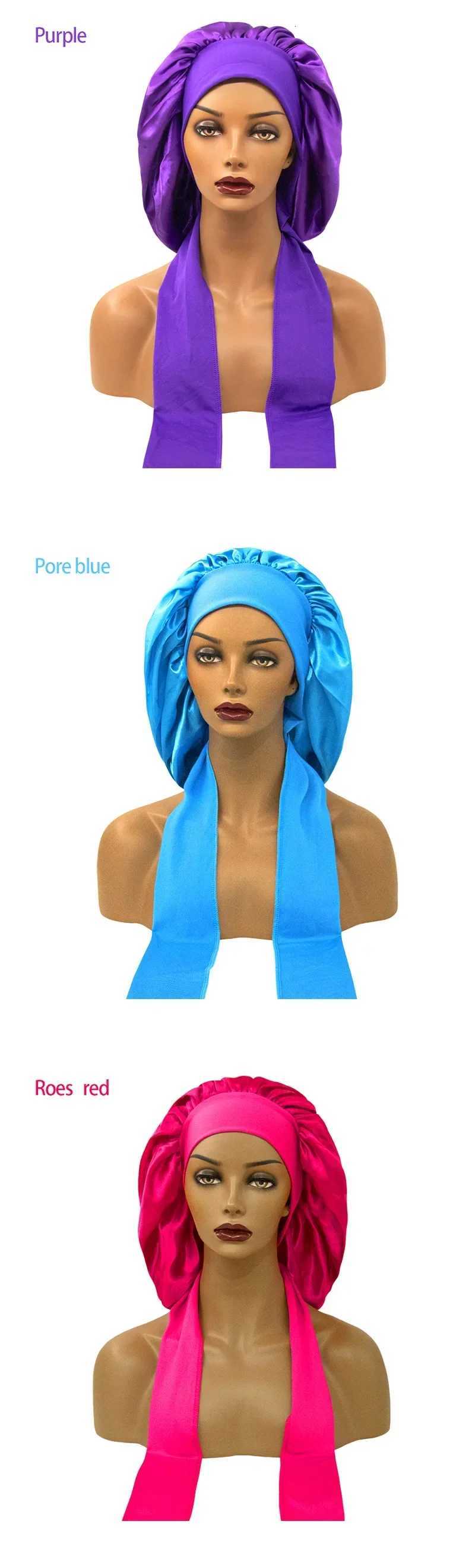 Women Satin Widened Sleep Hat Night Sleep Cap with Long Streamer Hair Care Bonnet Nightcap Elastic Cap De Nuit Shower Turban XJ250812