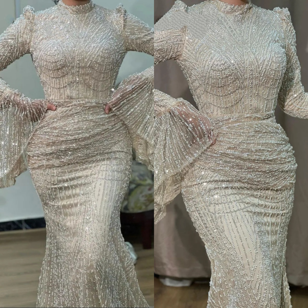 Vintage Mermaid Wedding Dress Jewel Neck Long Sleeves Bridal Gowns Sequins Sweep Train Dresses Custom Made vestidos de novia