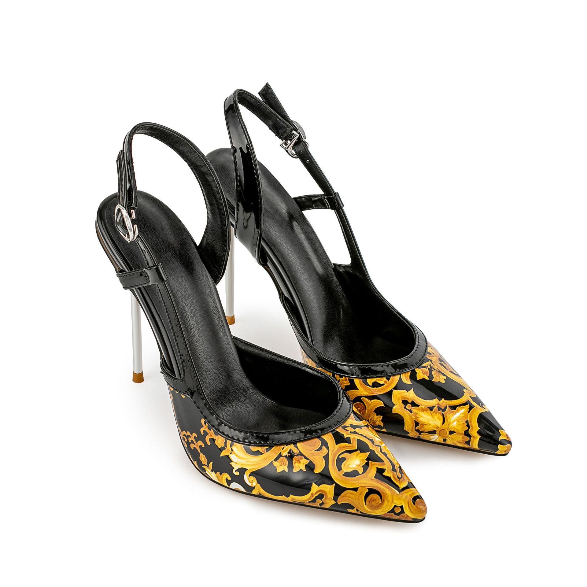 Blue Porcelain Stiletto Sandals - Chinese Floral Pointed Toe Ankle Strap Heels (White/Black)