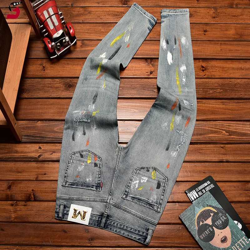 Autumn Winter High-End Trendy Brand Mens Jeans High Street Ripped Patch Ink Splash Print Fashion Stretch Slim Fit Skinny Pants X250812